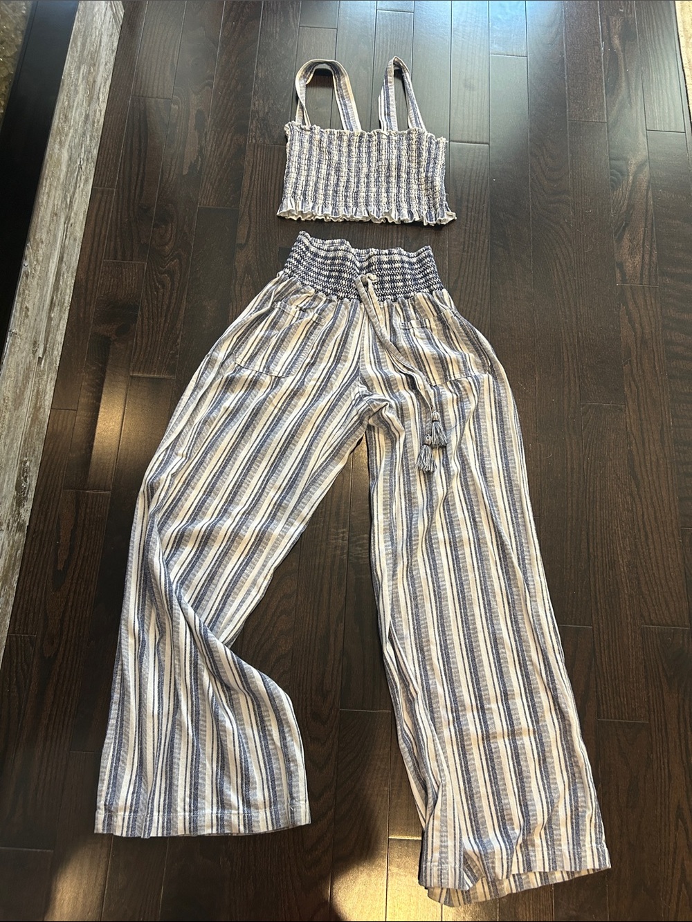 Striped Smocked Wide-Leg Pants and top in Blue & White